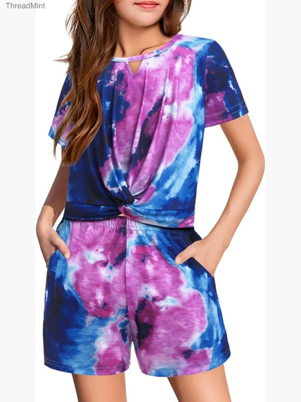Girls 2 Piece Tie Dye Short Set Twist Front Top & Pants with Pockets